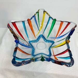 CC Zecchin Italian Color Ribbon Crystal Bowl Star Shaped Handcrafted Painted 10"